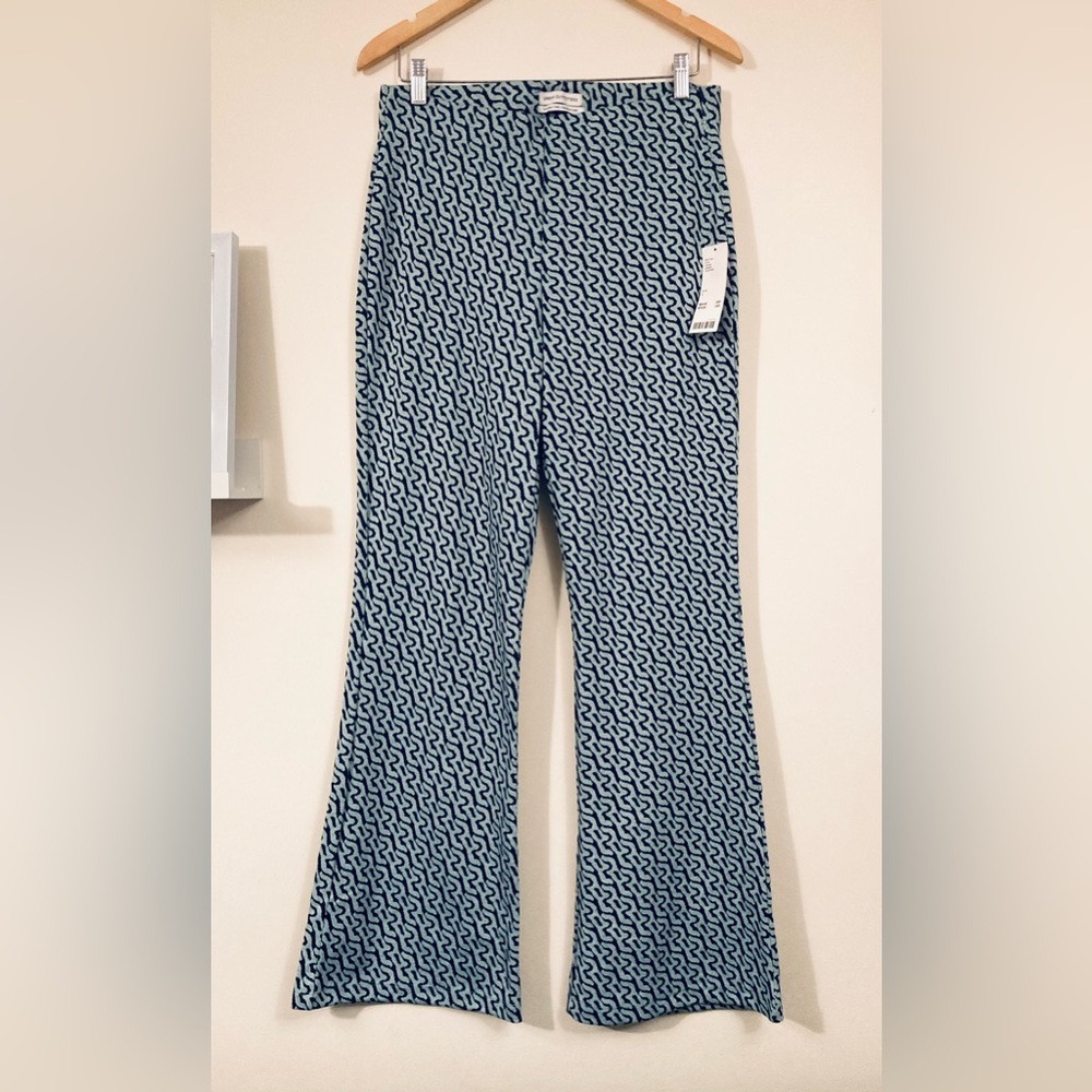 Urban Outfitters Bryn Pull on Flare Knit Pants Blue Geometric Disco Pants Size L
